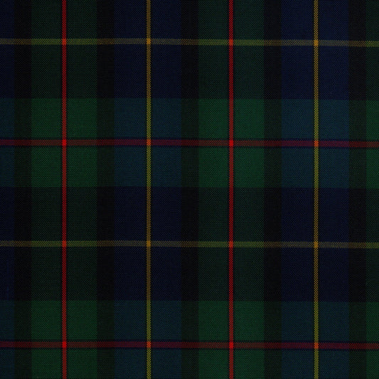 Tela escocesa de poliéster SchoolLine, azul marino y verde oscuro con líneas rojas y amarillas; ideal para uniformes escolares e institucionales.
