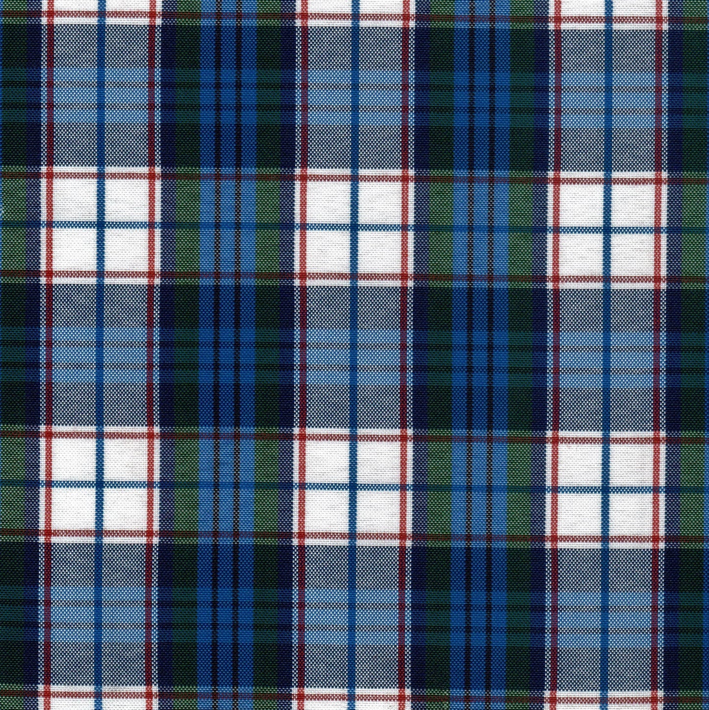 Tela escocesa de poliéster SchoolLine 13001099 en cuadros azul, verde y blanco con líneas rojas; ideal para uniformes escolares e institucionales.