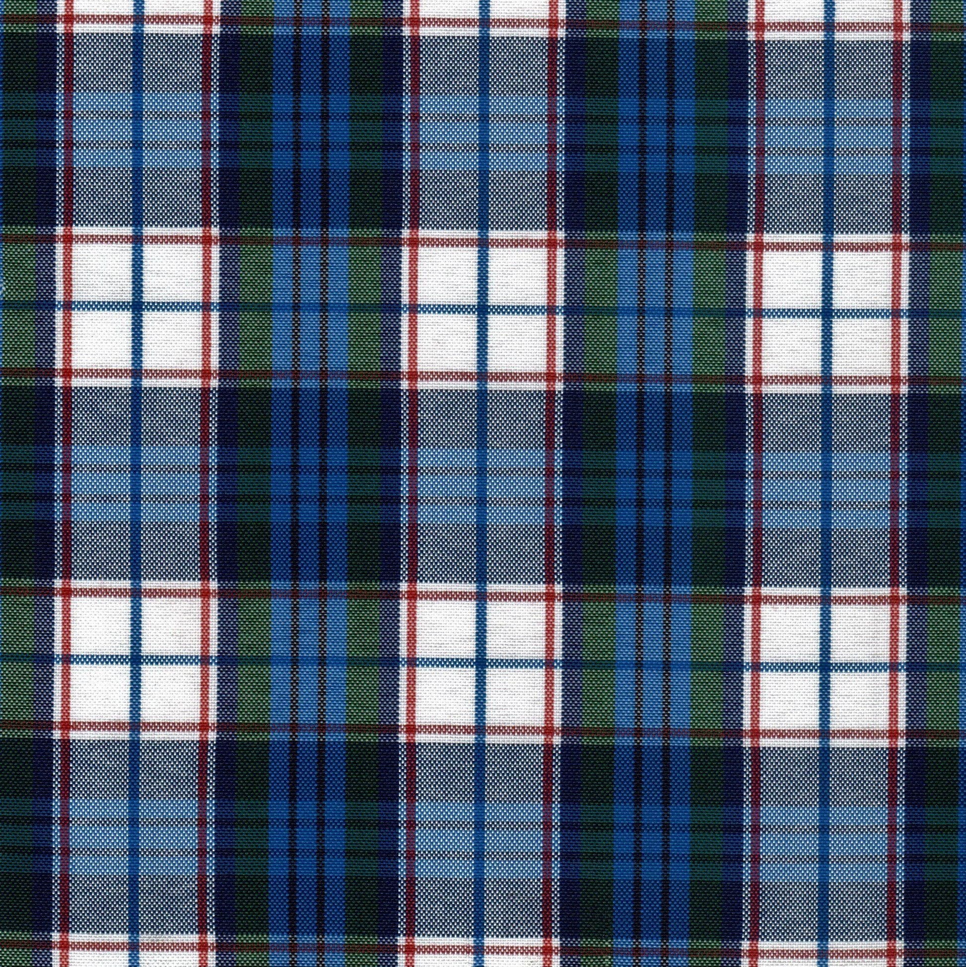 Tela escocesa de poliéster SchoolLine 13001099 en cuadros azul, verde y blanco con líneas rojas; ideal para uniformes escolares e institucionales.