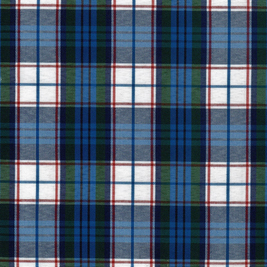 Tela escocesa de poliéster SchoolLine 13001099 en cuadros azul, verde y blanco con líneas rojas; ideal para uniformes escolares e institucionales.