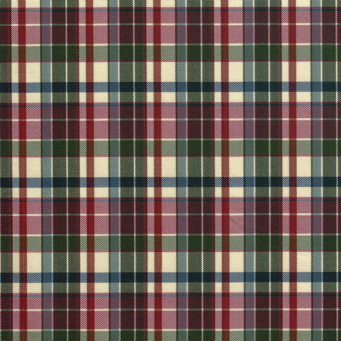 Tela escocesa de poliéster SchoolLine, tartán multicolor en cuadros rojo, verde y crema; para uniformes escolares e institucionales.