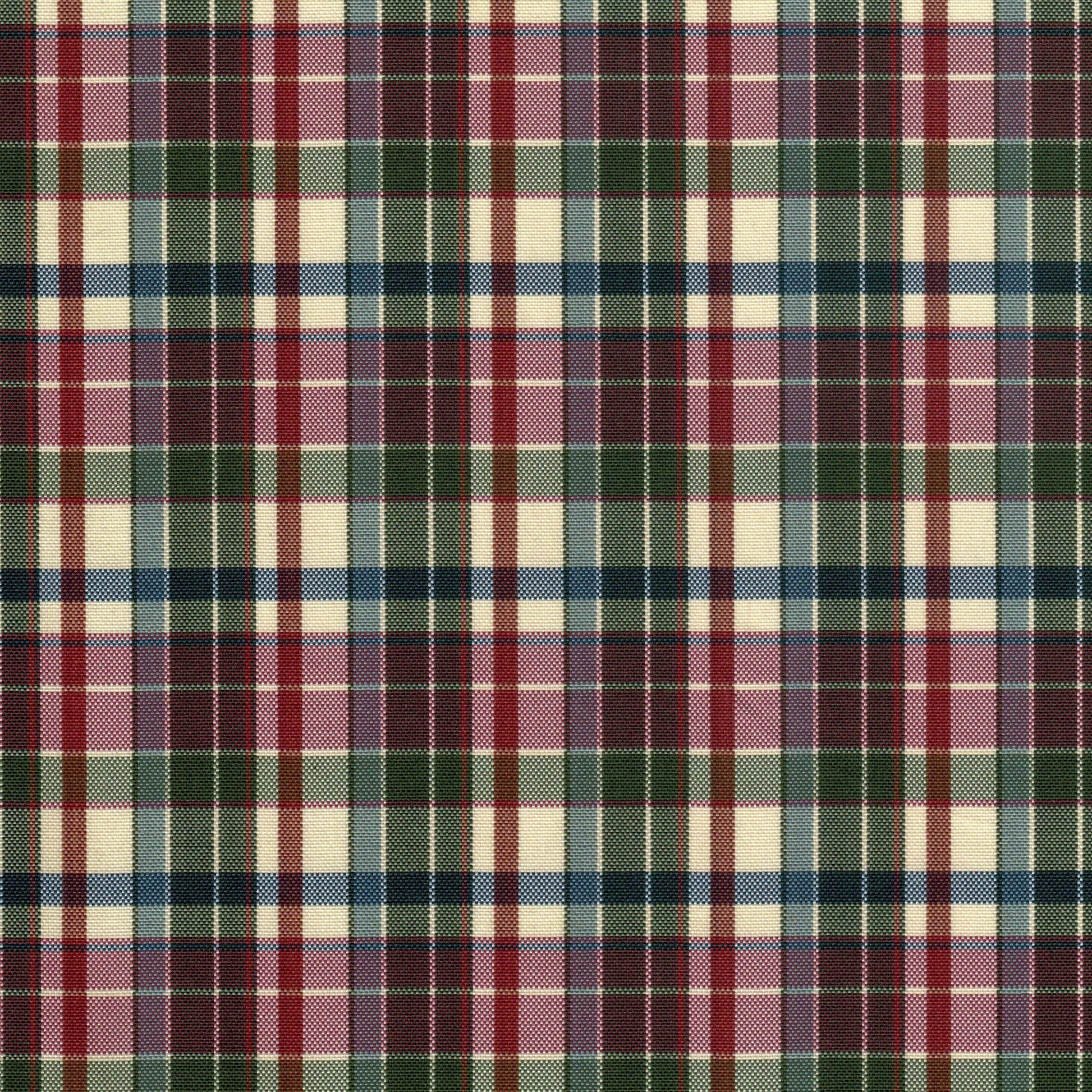 Tela escocesa de poliéster SchoolLine, tartán multicolor en cuadros rojo, verde y crema; para uniformes escolares e institucionales.