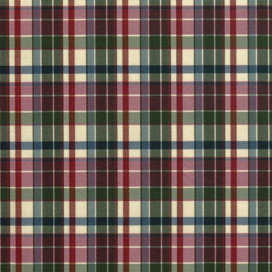 Tela escocesa de poliéster SchoolLine, tartán multicolor en cuadros rojo, verde y crema; para uniformes escolares e institucionales.