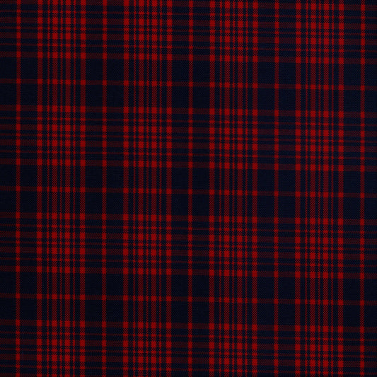 Tela escocesa de poliéster azul marino con tartán rojo, adecuada para uniformes escolares e institucionales SchoolLine.