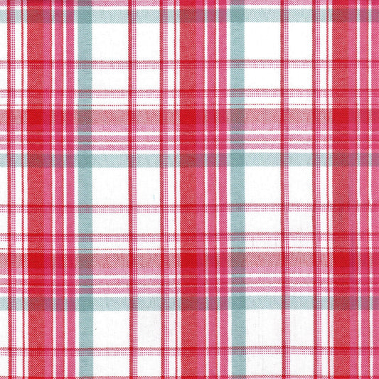 Tela escocesa de poliéster SchoolLine, tartán rojo/blanco/azul; ideal para uniformes escolares e institucionales.