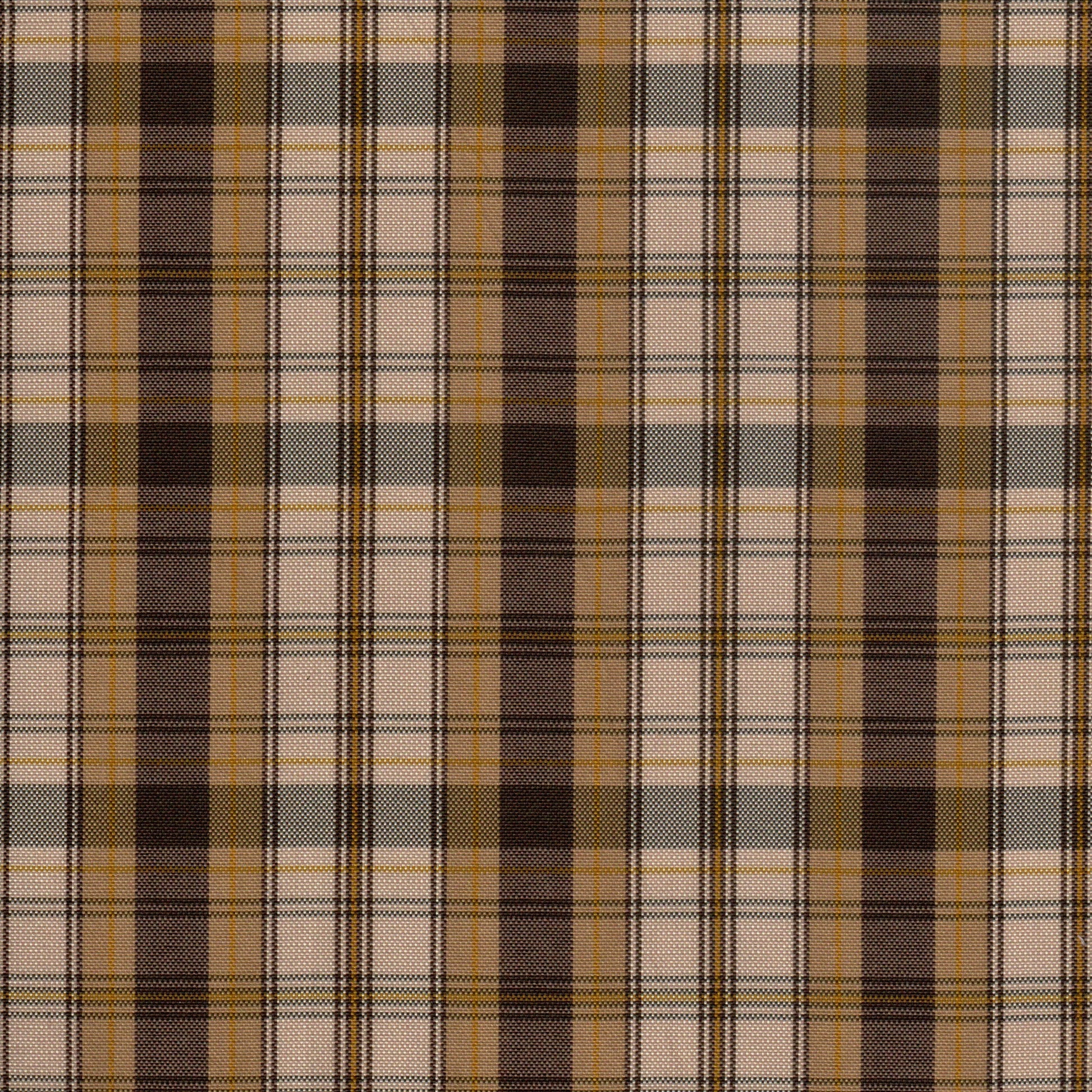 Tela escocesa de poliéster SchoolLine en marrón, beige y mostaza, diseño tartán para uniformes escolares e institucionales.