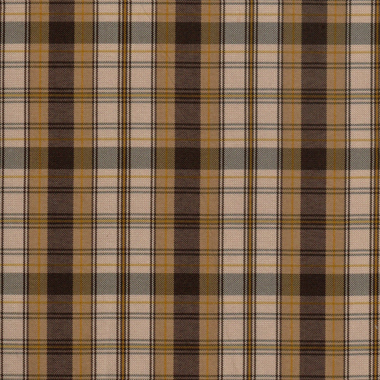 Tela escocesa de poliéster SchoolLine en marrón, beige y mostaza, diseño tartán para uniformes escolares e institucionales.