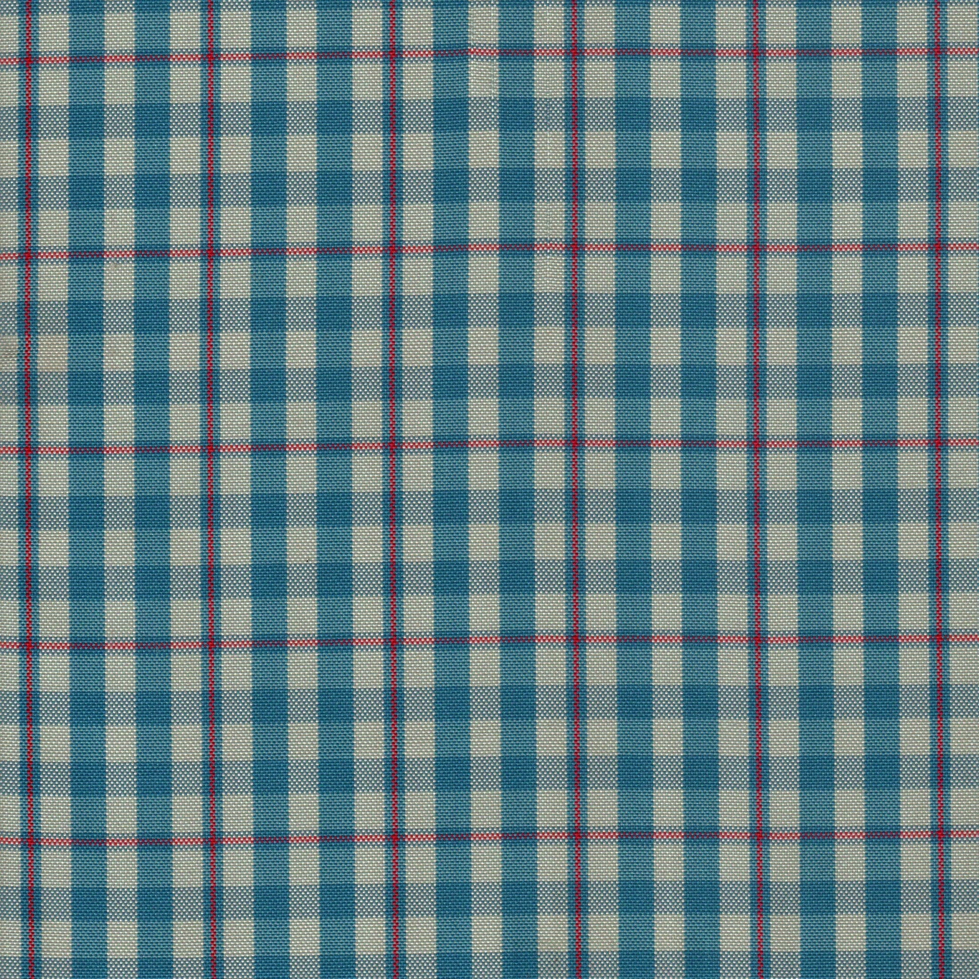 Tela escocesa de poliéster azul y beige con cuadros rojos, ideal para uniformes escolares e institucionales.