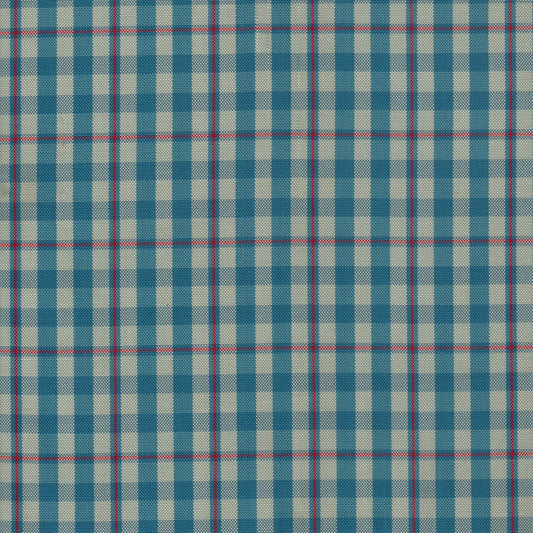 Tela escocesa de poliéster azul y beige con cuadros rojos, ideal para uniformes escolares e institucionales.