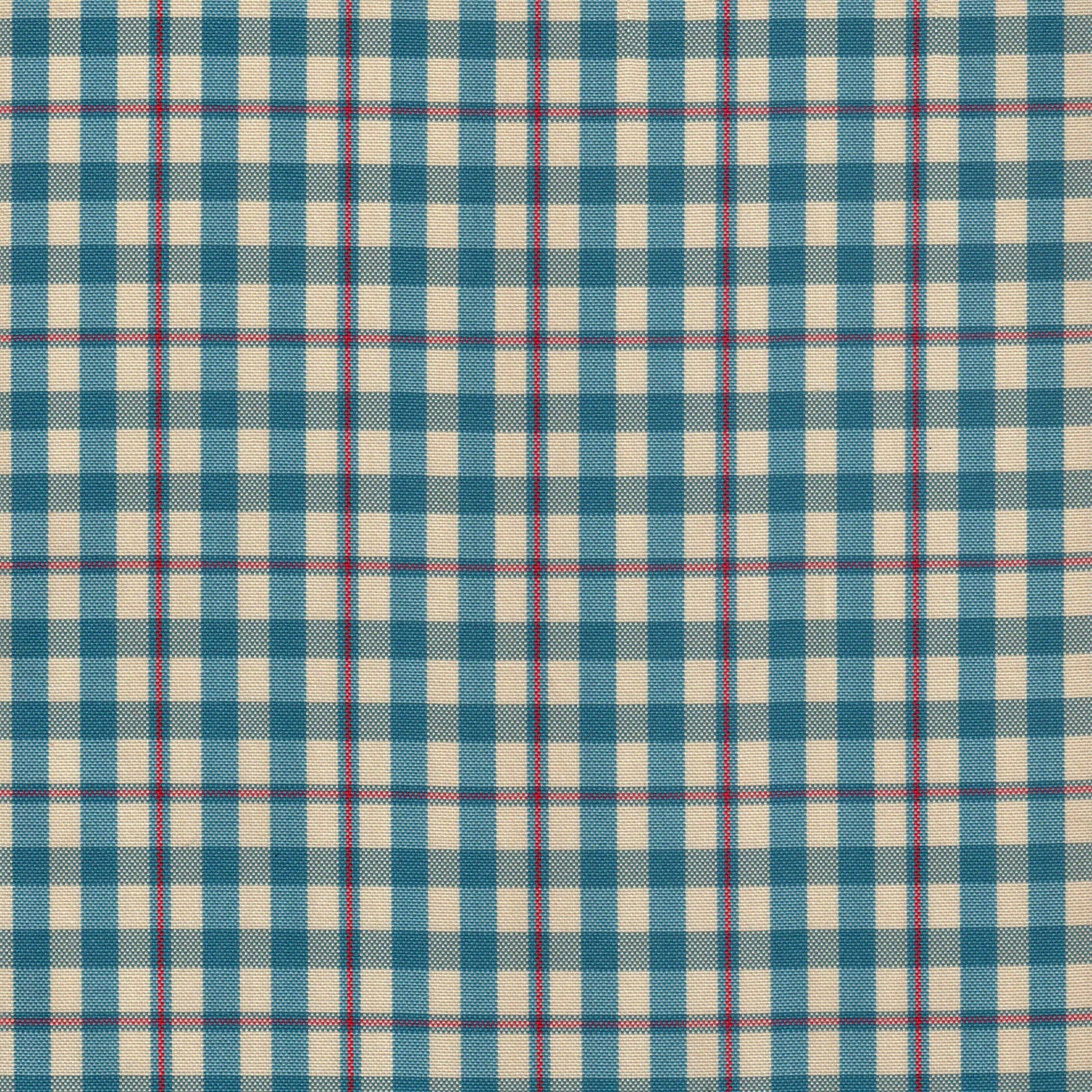 Tela escocesa de poliéster SchoolLine en azul, beige y rojo con cuadros, ideal para uniformes escolares e institucionales.