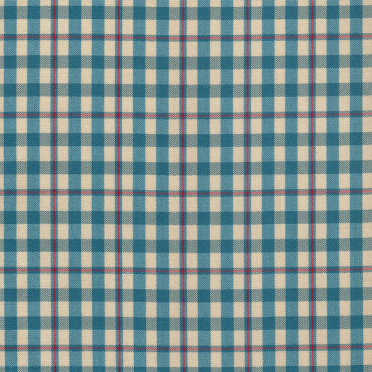 Tela escocesa de poliéster SchoolLine en azul, beige y rojo con cuadros, ideal para uniformes escolares e institucionales.