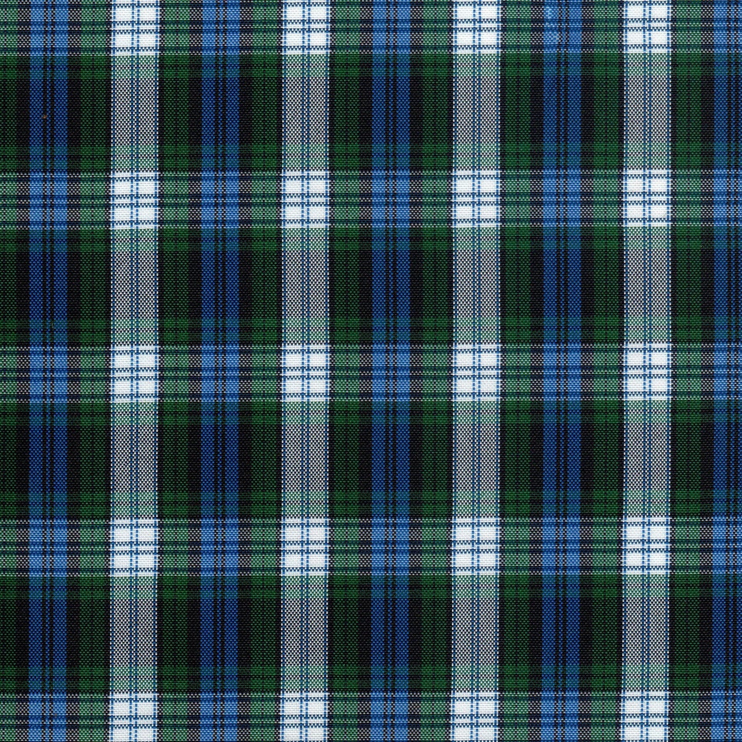 Tela escocesa de poliéster SchoolLine en verde, azul y blanco; diseño a cuadros, ideal para uniformes escolares e institucionales.