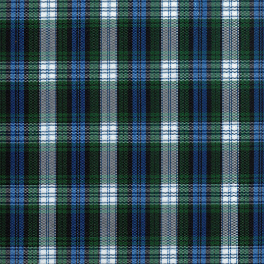 Tela escocesa de poliéster SchoolLine en verde, azul y blanco; diseño a cuadros, ideal para uniformes escolares e institucionales.