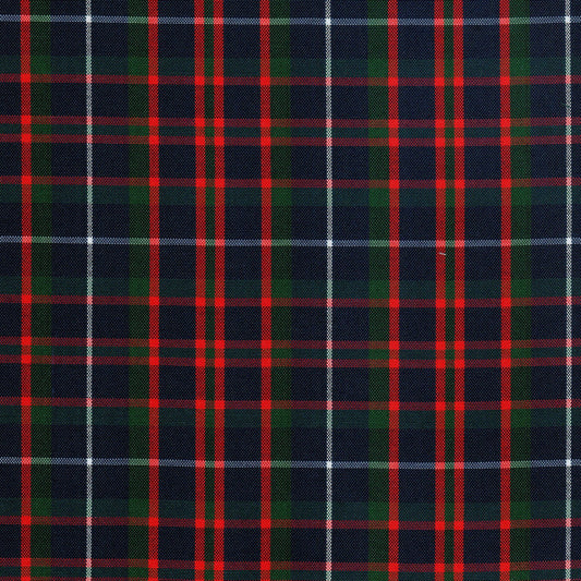 Tela escocesa de poliéster SchoolLine en tartán navy con franjas rojas y verdes; ideal para uniformes escolares.