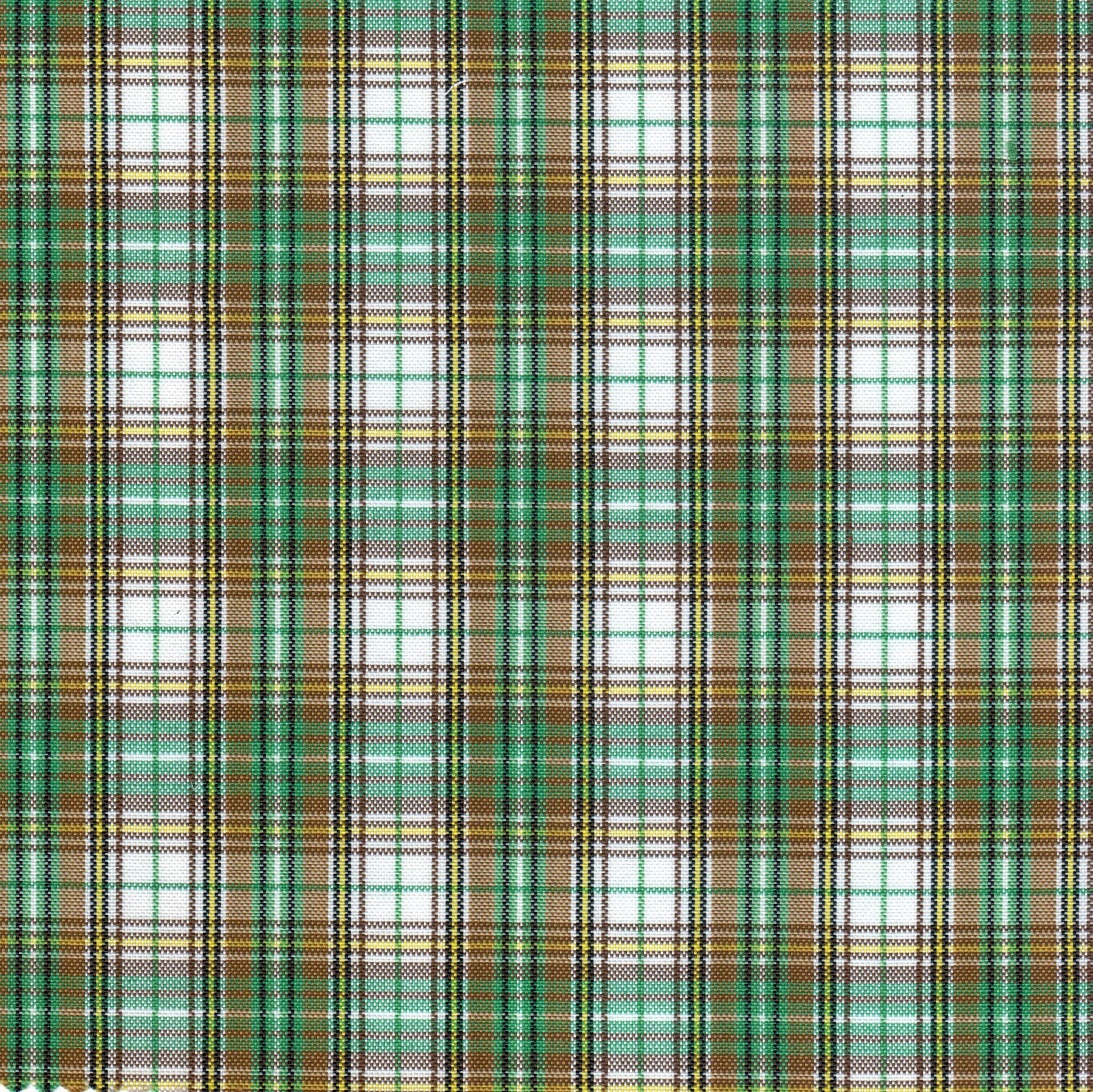 Tela escocesa de poliéster SchoolLine, cuadros verde, marrón y blanco, ideal para uniformes escolares e institucionales.