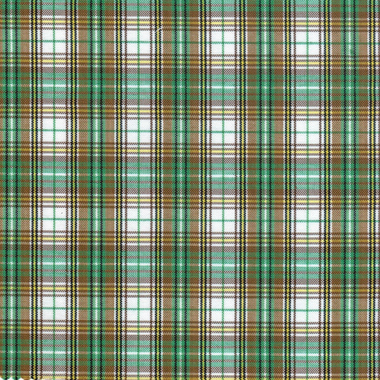 Tela escocesa de poliéster SchoolLine, cuadros verde, marrón y blanco, ideal para uniformes escolares e institucionales.