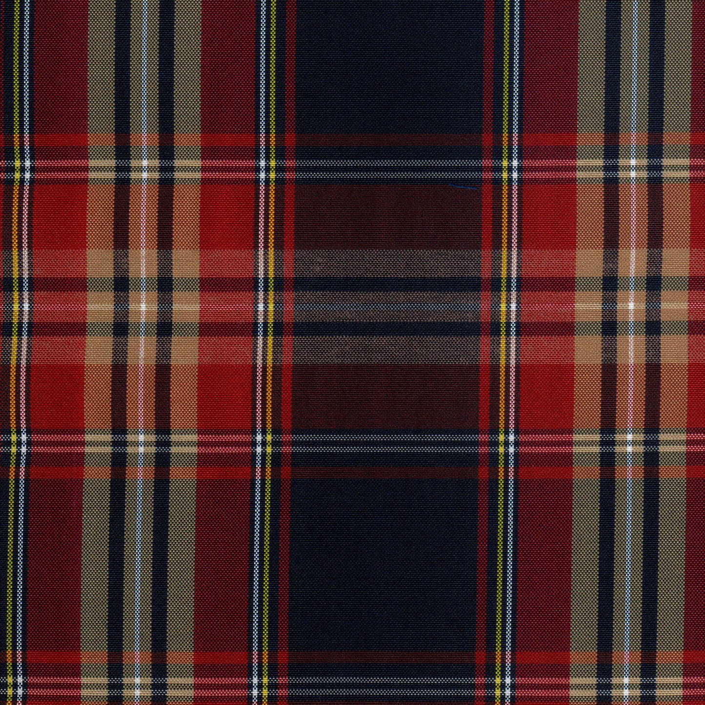 Tela escocesa de poliéster SchoolLine en tonos rojo, azul marino y beige, ideal para uniformes escolares e institucionales.