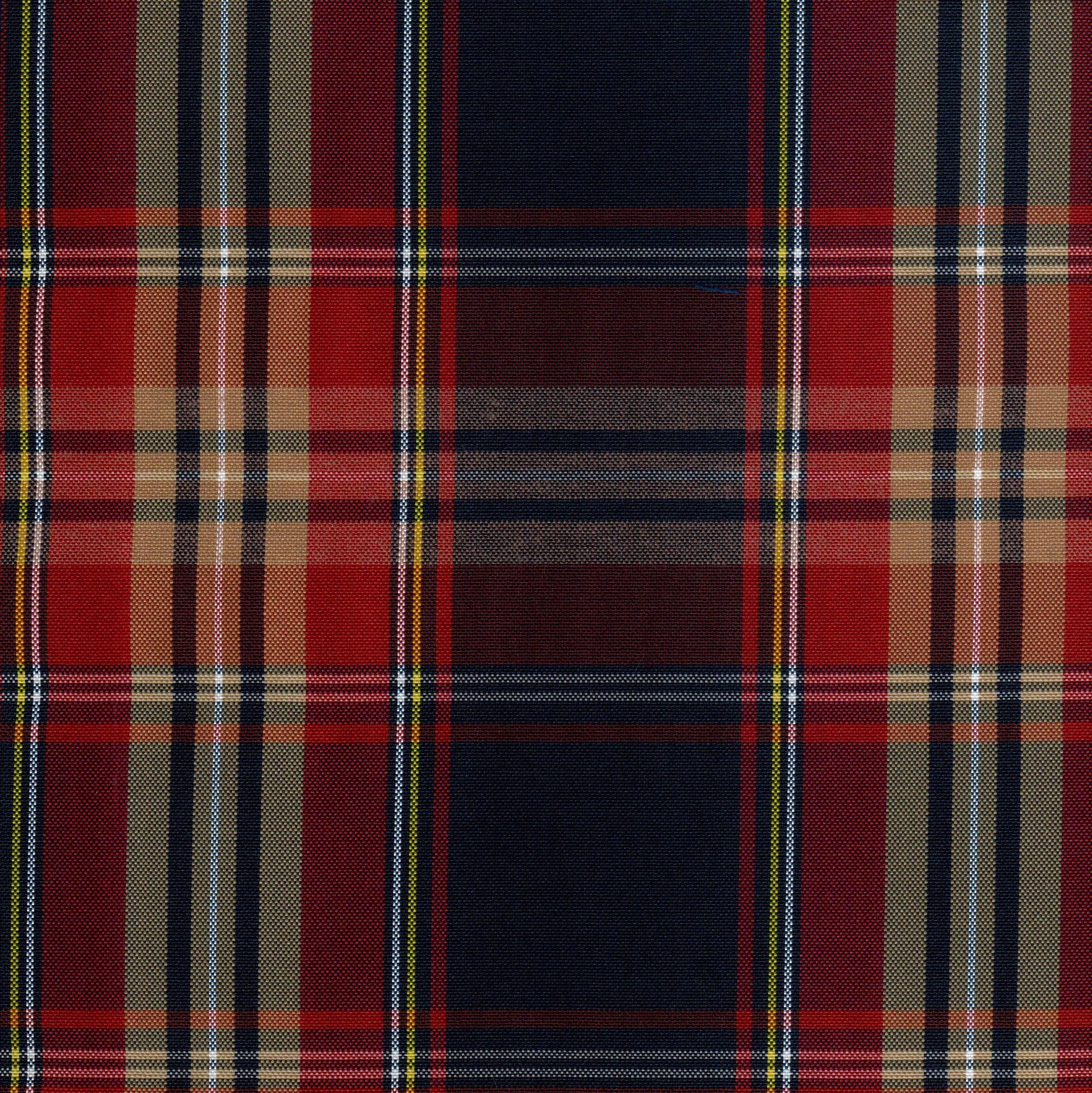Tela escocesa de poliéster SchoolLine en tonos rojo, azul marino y beige, ideal para uniformes escolares e institucionales.