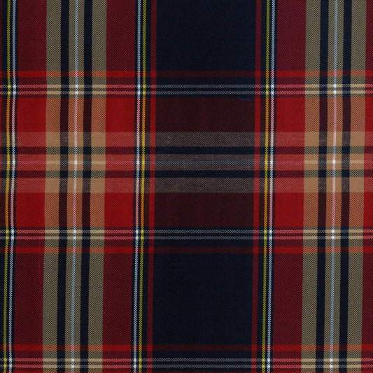 Tela escocesa de poliéster SchoolLine en tonos rojo, azul marino y beige, ideal para uniformes escolares e institucionales.