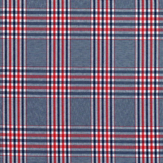 Tela escocesa de poliéster azul, rojo y blanco con diseño tartán; ideal para uniformes escolares e institucionales SchoolLine