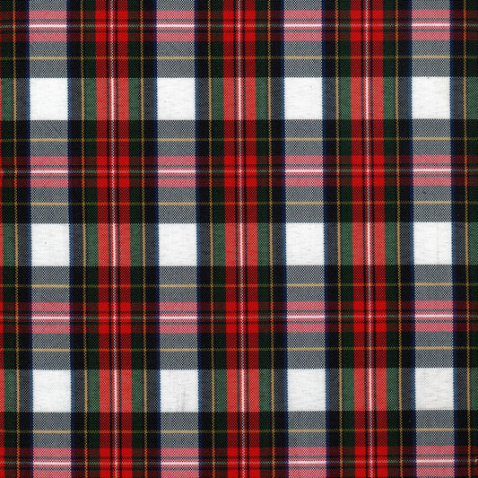 Tela escocesa de poliéster SchoolLine, tartán rojo-verde-negro, ideal para uniformes escolares.