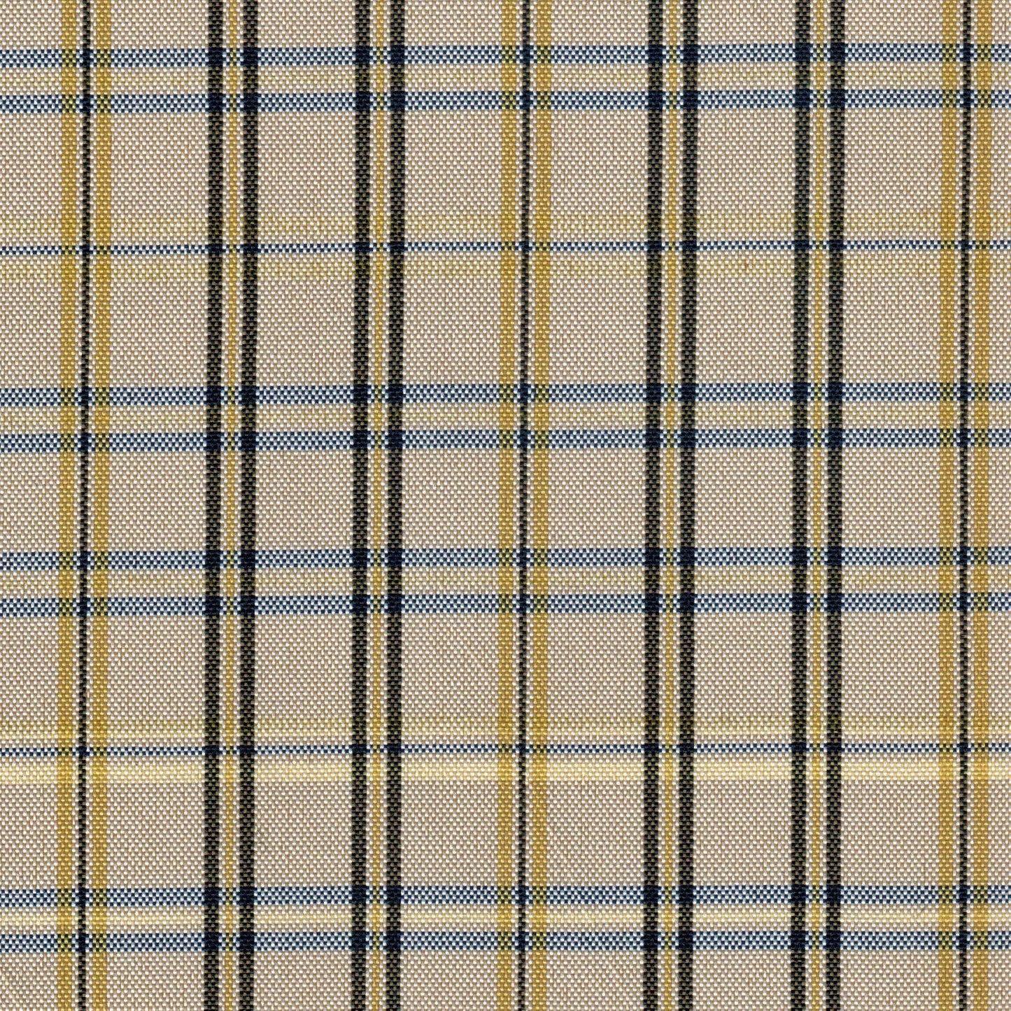 Tela escocesa de poliéster SchoolLine en beige con cuadros negro y amarillo, ideal para uniformes escolares e institucionales