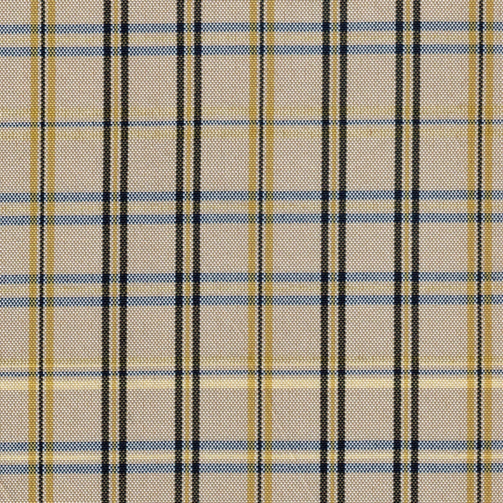 Tela escocesa de poliéster SchoolLine en beige con cuadros negro y amarillo, ideal para uniformes escolares e institucionales