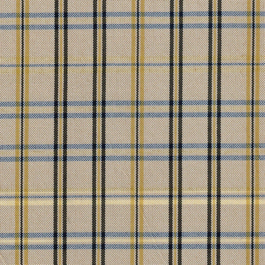 Tela escocesa de poliéster SchoolLine en beige con cuadros negro y amarillo, ideal para uniformes escolares e institucionales