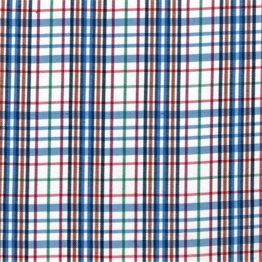 Tela escocesa de poliéster SchoolLine en cuadro tartán azul, rojo, verde y blanco, ideal para uniformes escolares e institucionales.