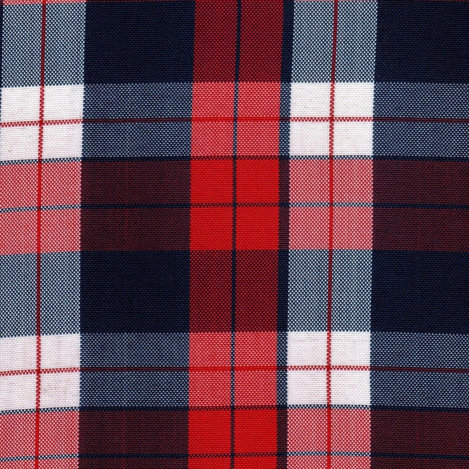 Tela escocesa de poliéster en rojo, azul marino y blanco; uso en uniformes escolares SchoolLine.