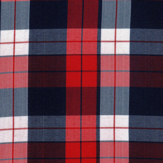 Tela escocesa de poliéster en rojo, azul marino y blanco; uso en uniformes escolares SchoolLine.
