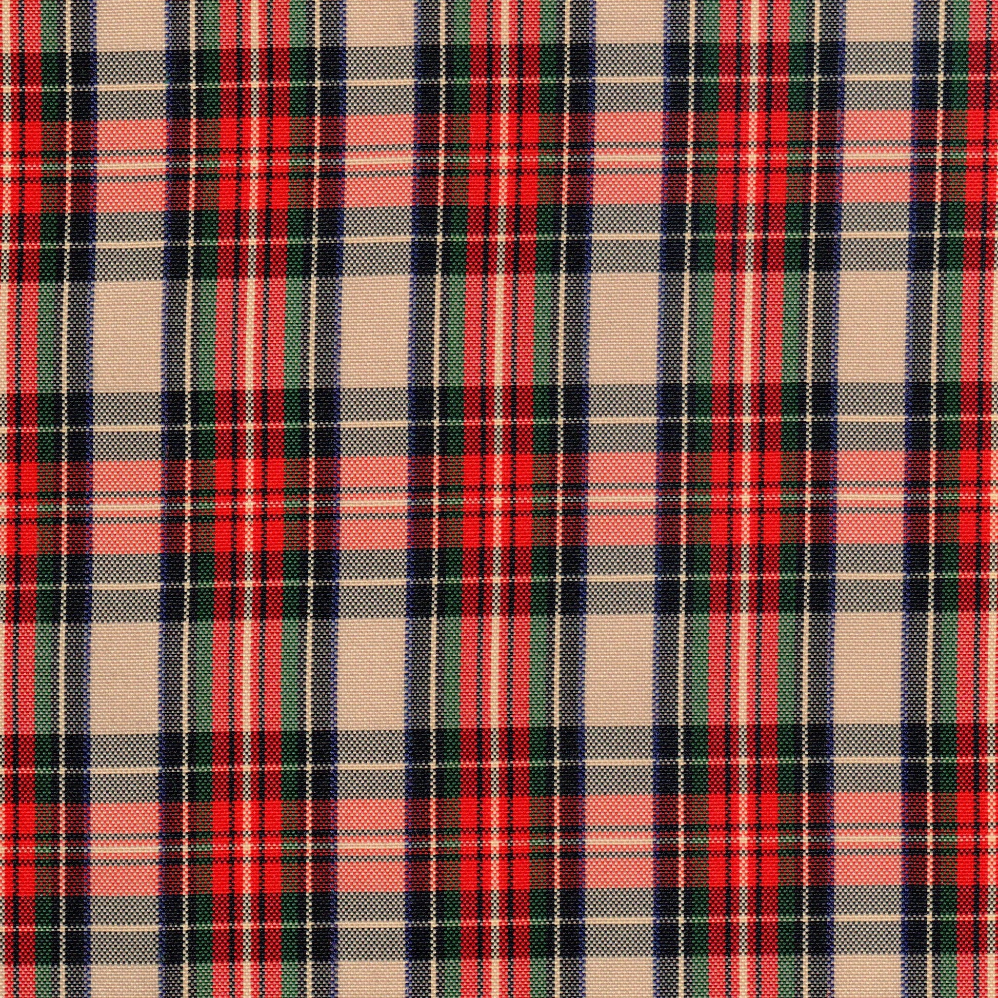 Tela escocesa de poliéster tartán en beige, rojo, verde y azul; ideal para uniformes escolares e institucionales SchoolLine.