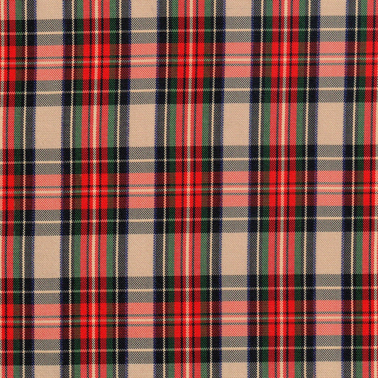 Tela escocesa de poliéster tartán en beige, rojo, verde y azul; ideal para uniformes escolares e institucionales SchoolLine.
