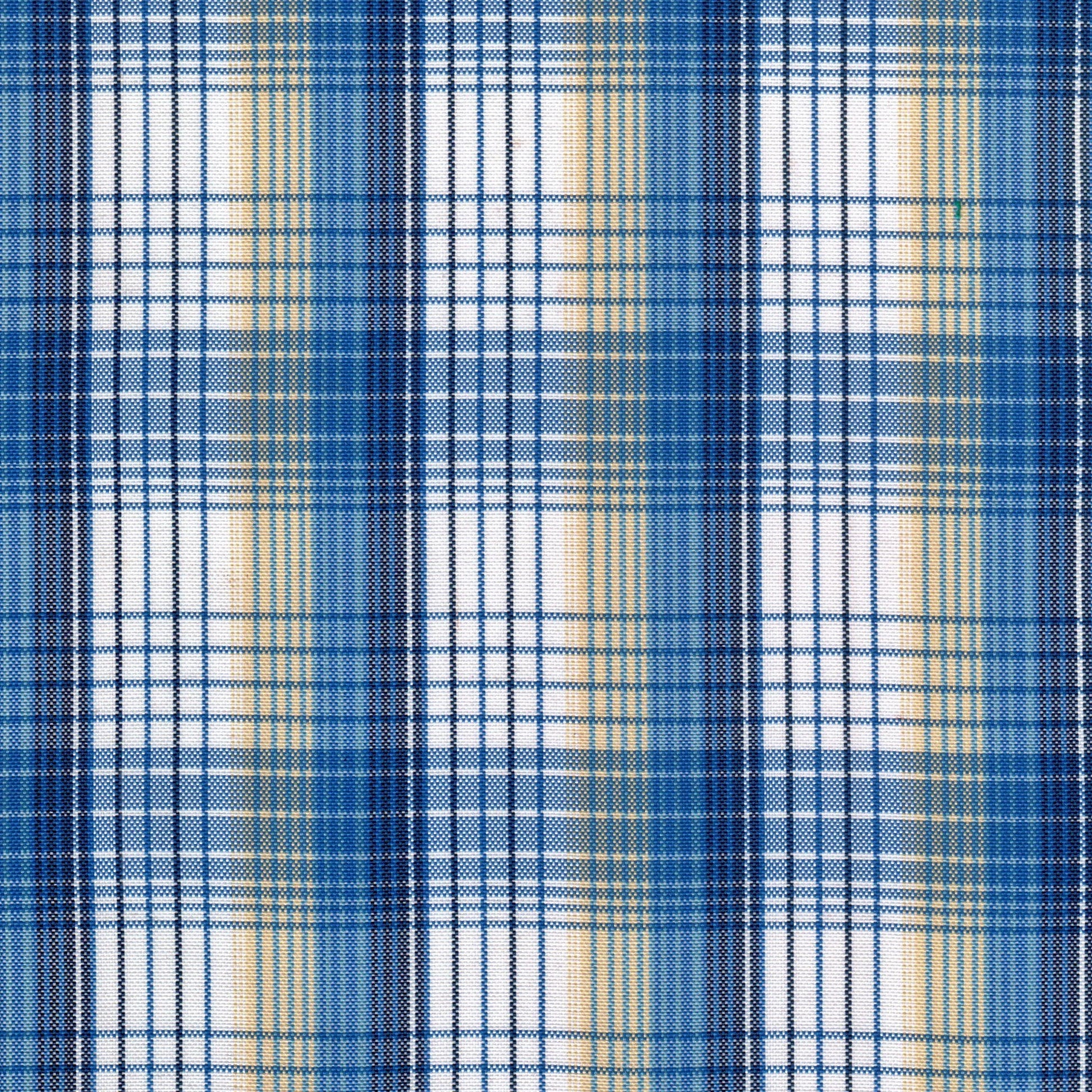 Tela escocesa de poliéster SchoolLine; plaid en azul, blanco y beige, ideal para uniformes escolares e institucionales.
