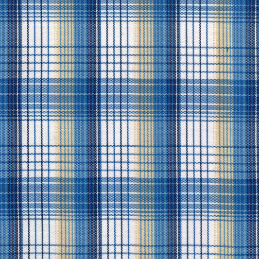 Tela escocesa de poliéster SchoolLine; plaid en azul, blanco y beige, ideal para uniformes escolares e institucionales.
