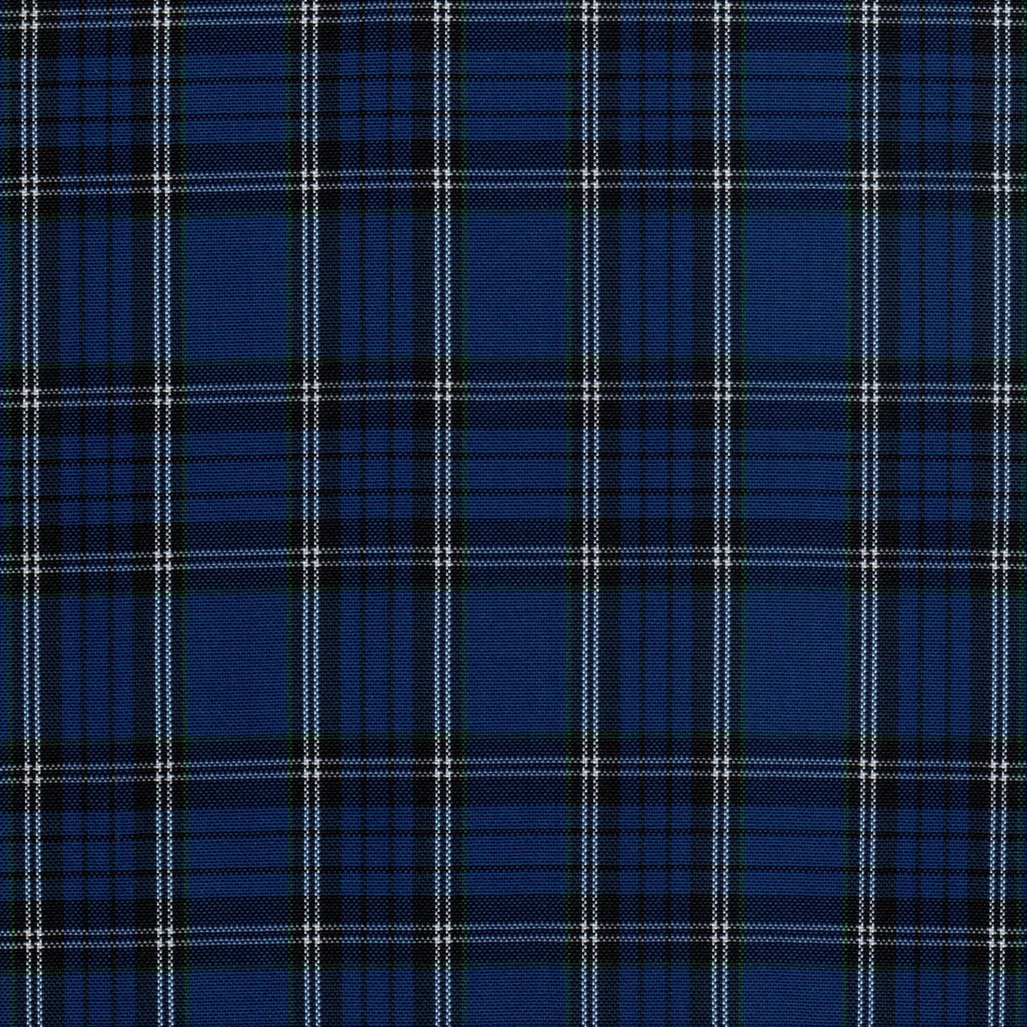 Tela escocesa de poliéster azul con cuadros tartán blanco y negro; ideal para uniformes escolares, SchoolLine.