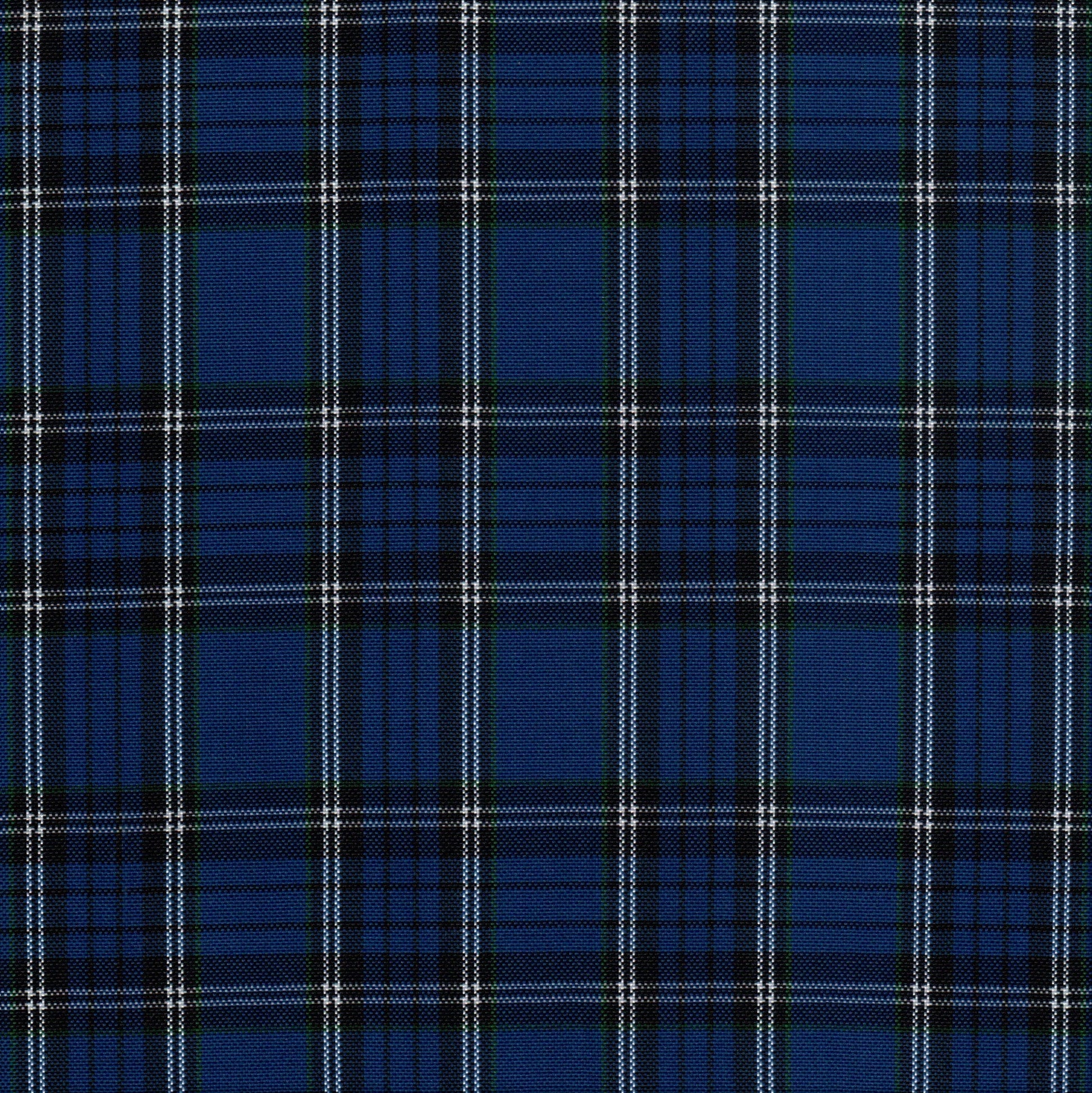 Tela escocesa de poliéster azul con cuadros tartán blanco y negro; ideal para uniformes escolares, SchoolLine.