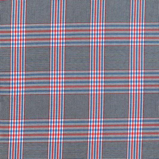 Tela escocesa de poliéster SchoolLine en tartán azul, rojo y blanco, ideal para uniformes escolares.