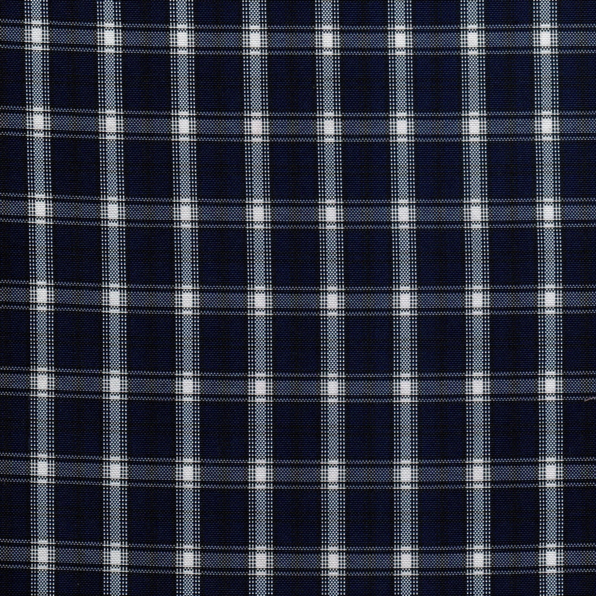 Tela escocesa de poliéster azul marino con cuadros blancos; ideal para uniformes escolares e institucionales SchoolLine.