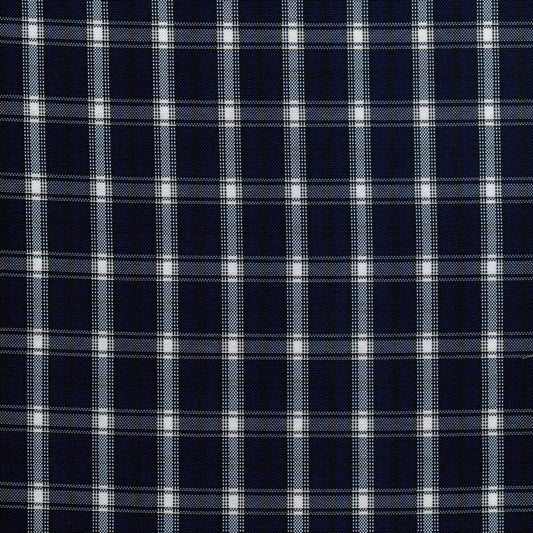 Tela escocesa de poliéster azul marino con cuadros blancos; ideal para uniformes escolares e institucionales SchoolLine.