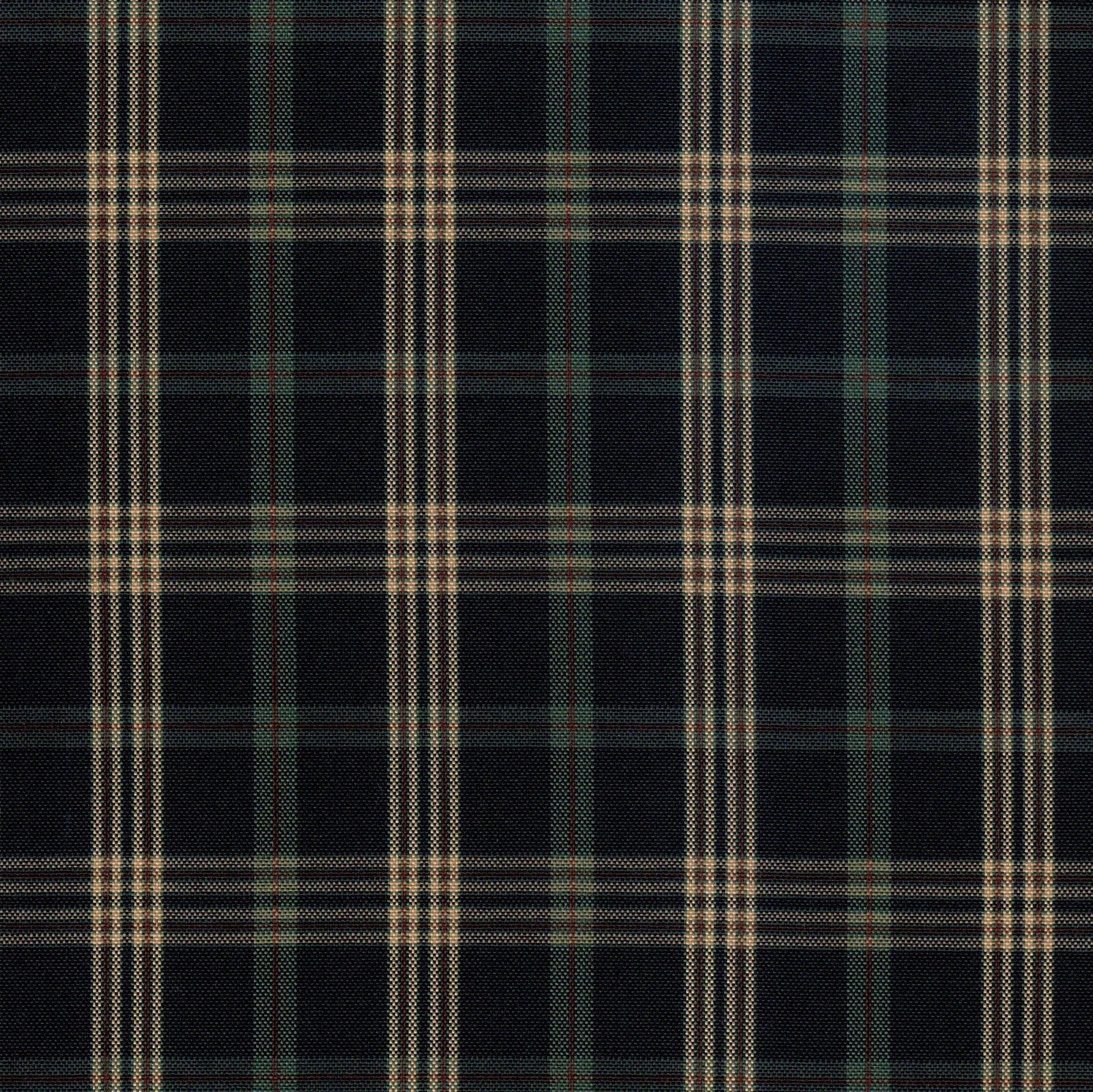 Tela escocesa de poliéster SchoolLine: tejido a cuadros negro con verdes y blancas para uniformes escolares e institucionales
