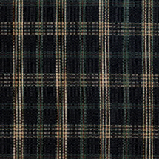 Tela escocesa de poliéster SchoolLine: tejido a cuadros negro con verdes y blancas para uniformes escolares e institucionales