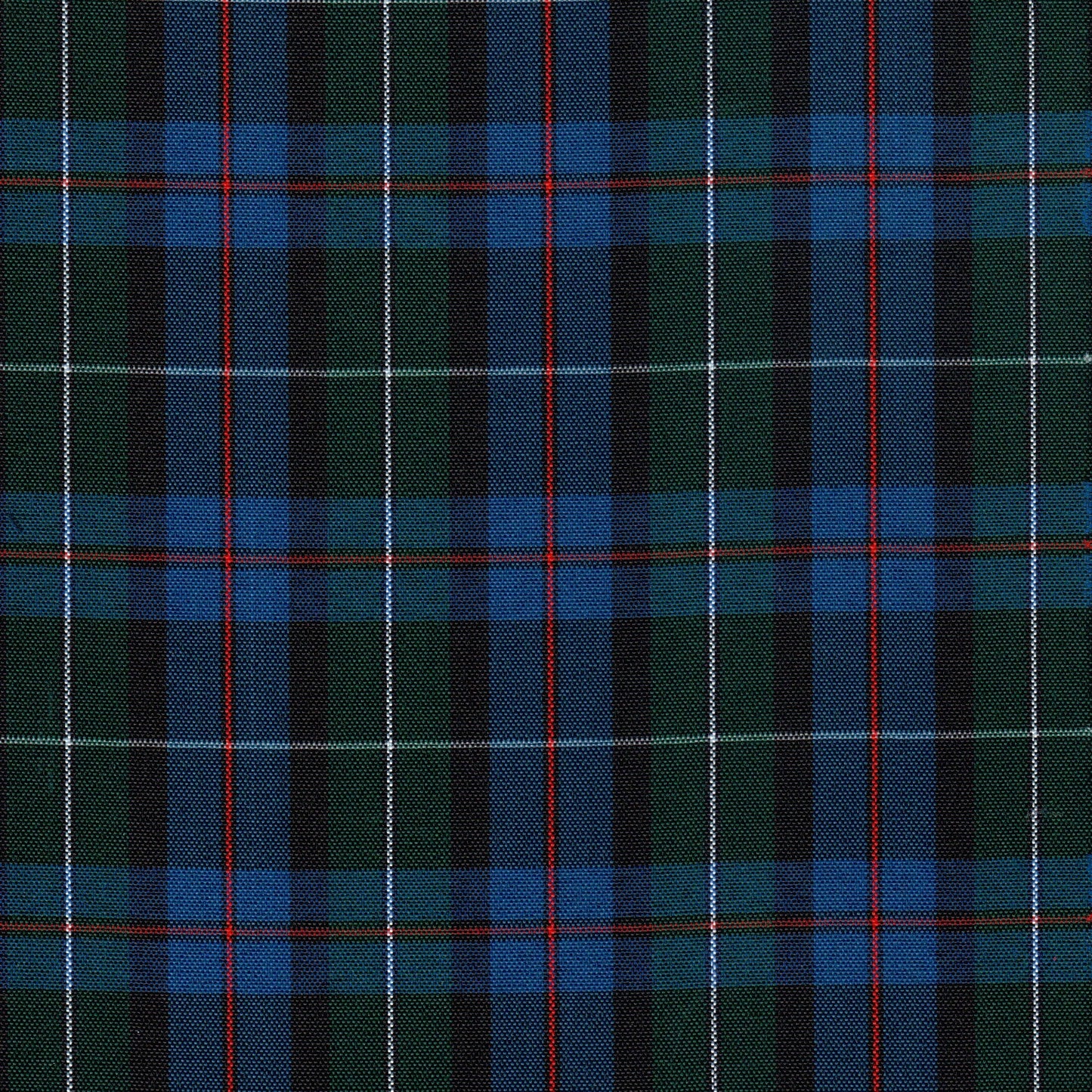 Tela escocesa de poliéster SchoolLine en azul, verde y negro con líneas rojas y blancas, para uniformes escolares.