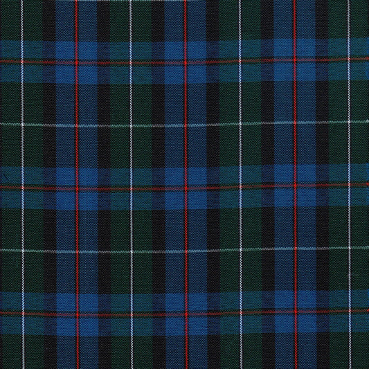 Tela escocesa de poliéster SchoolLine en azul, verde y negro con líneas rojas y blancas, para uniformes escolares.