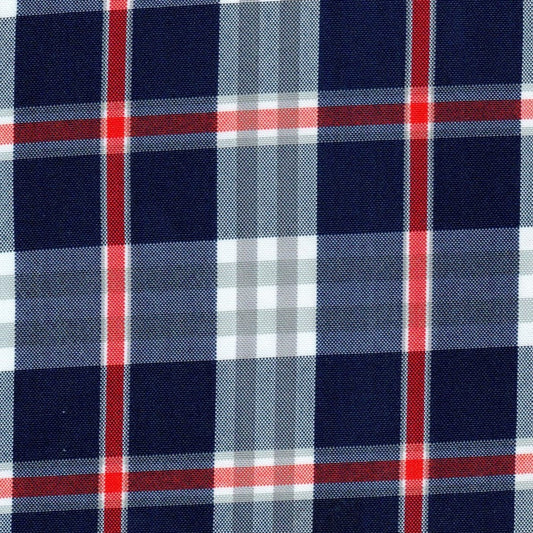 Tela escocesa de poliéster SchoolLine, azul marino con cuadros rojo y blanco; ideal para uniformes escolares e institucionales.