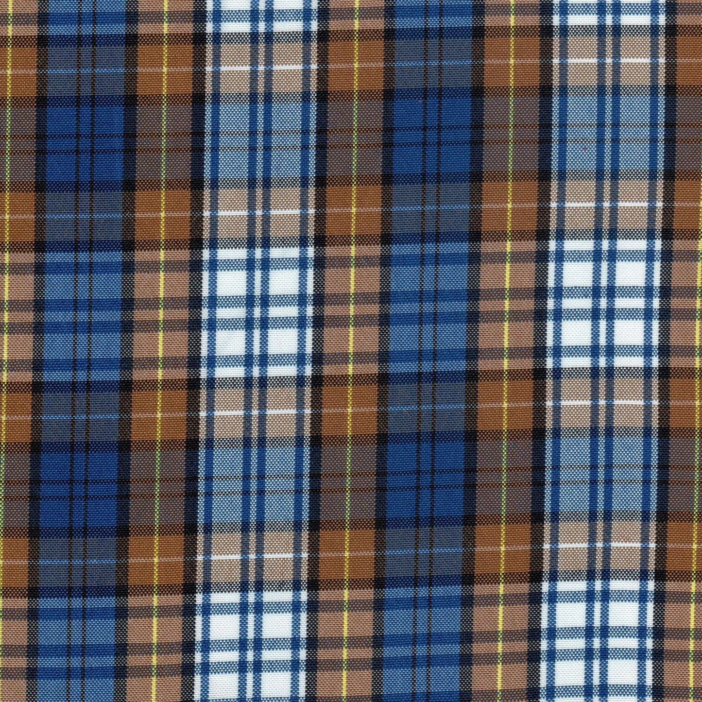 Tela escocesa de poliéster para uniformes SchoolLine, plaid azul, marrón y blanco con líneas negras y amarillas.
