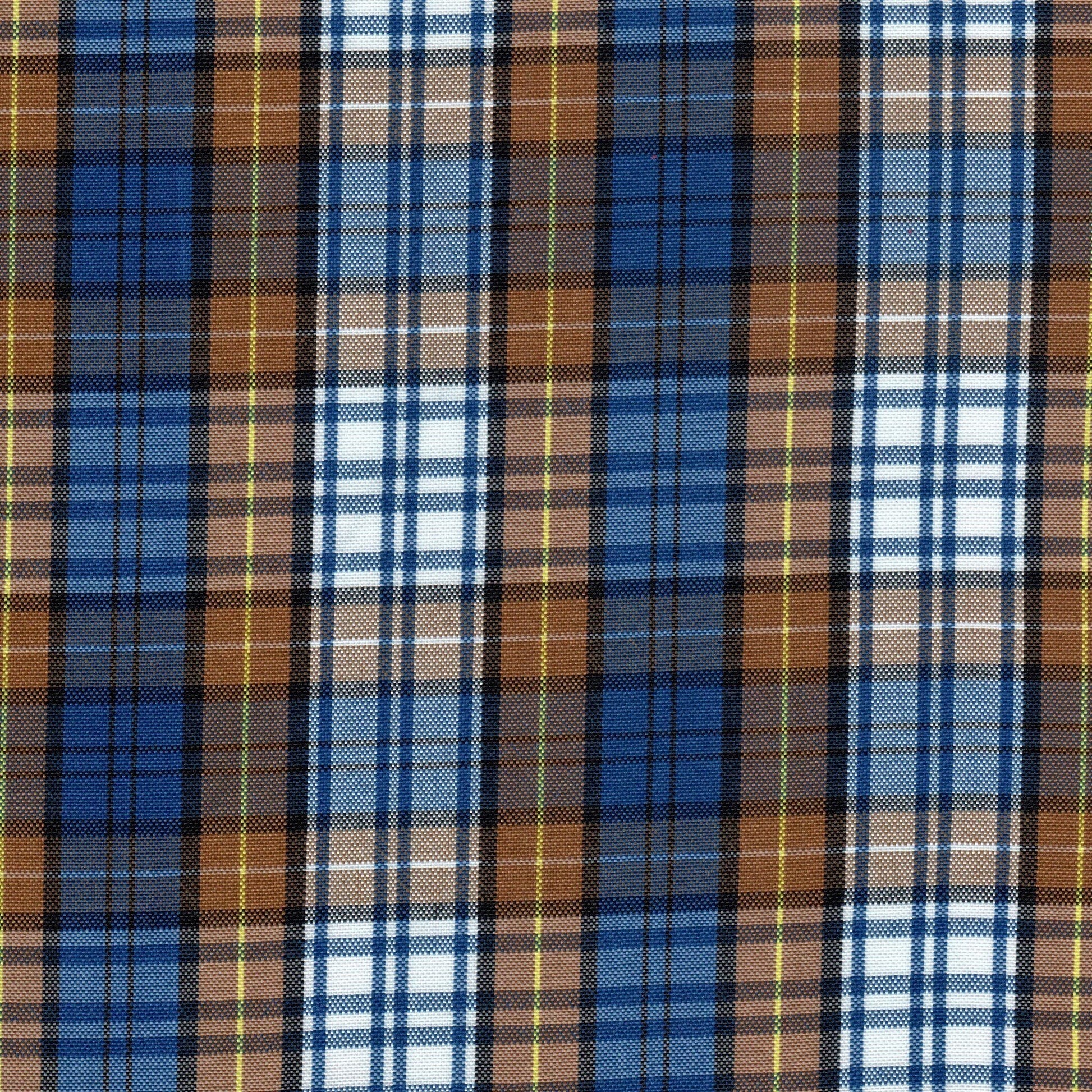 Tela escocesa de poliéster para uniformes SchoolLine, plaid azul, marrón y blanco con líneas negras y amarillas.