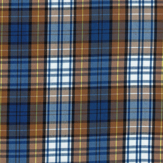 Tela escocesa de poliéster para uniformes SchoolLine, plaid azul, marrón y blanco con líneas negras y amarillas.