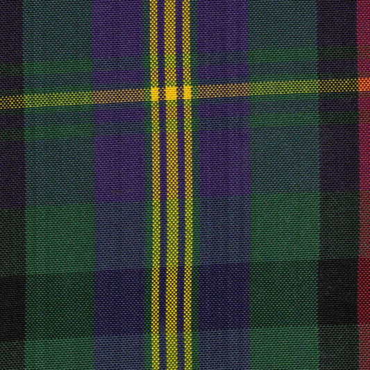 Tela escocesa de poliéster SchoolLine, tartán verde/morado con líneas amarillas; ideal para uniformes escolares e institucionales.