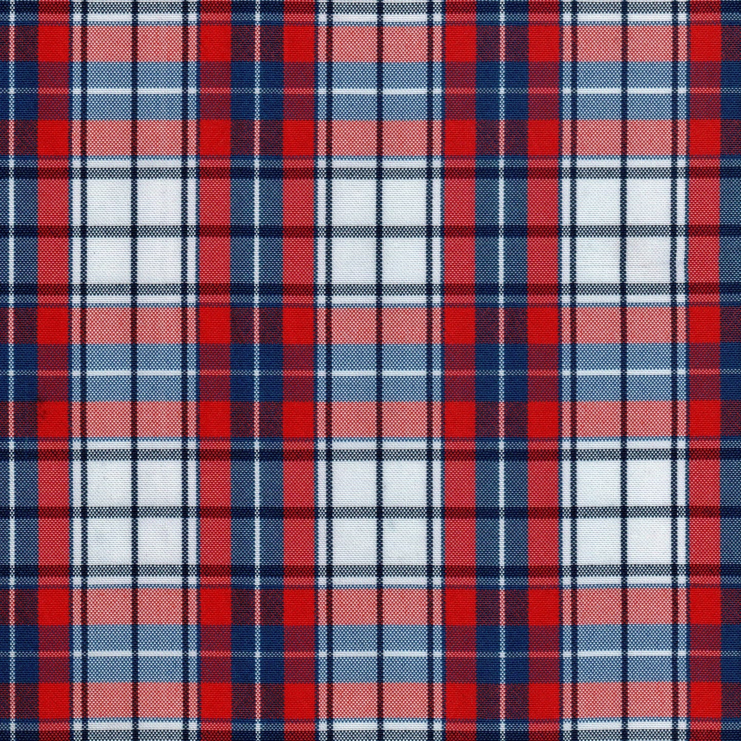 Tela escocesa de poliéster SchoolLine, cuadro rojo-azul-blanco, ideal para uniformes escolares e institucionales.